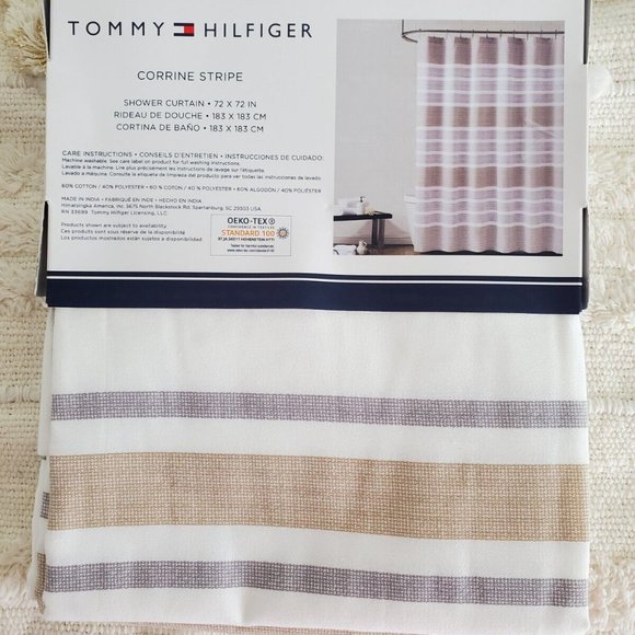 Tommy Hilfiger Fabric Shower Curtain Gray White 72" x 72" - Picture 7 of 10